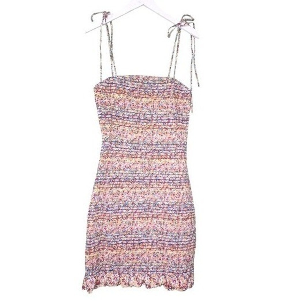 Women's Storia Smocked Spaghetti Tie Strap Mini Dress Boho Ruffle Hem Floral M
